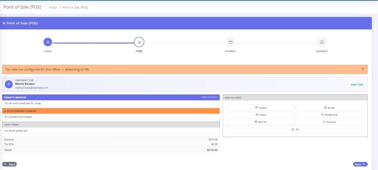 The point of sale checkout part-way through a sale, showing the selected client, the day’s services and the running order total